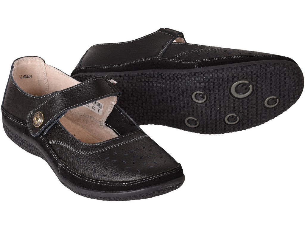 Ladies Mary Jane Sandals Flat EEE Wide Fit Black Comfort Shoes