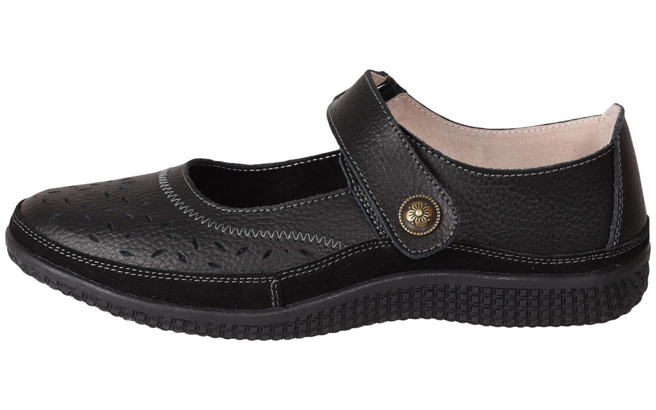 Ladies Mary Jane Sandals Flat EEE Wide Fit Black Comfort Shoes
