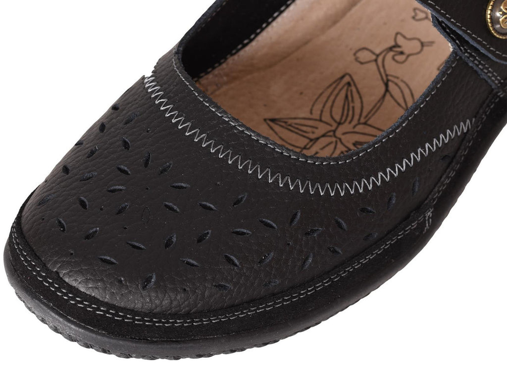 Ladies Mary Jane Sandals Flat EEE Wide Fit Black Comfort Shoes