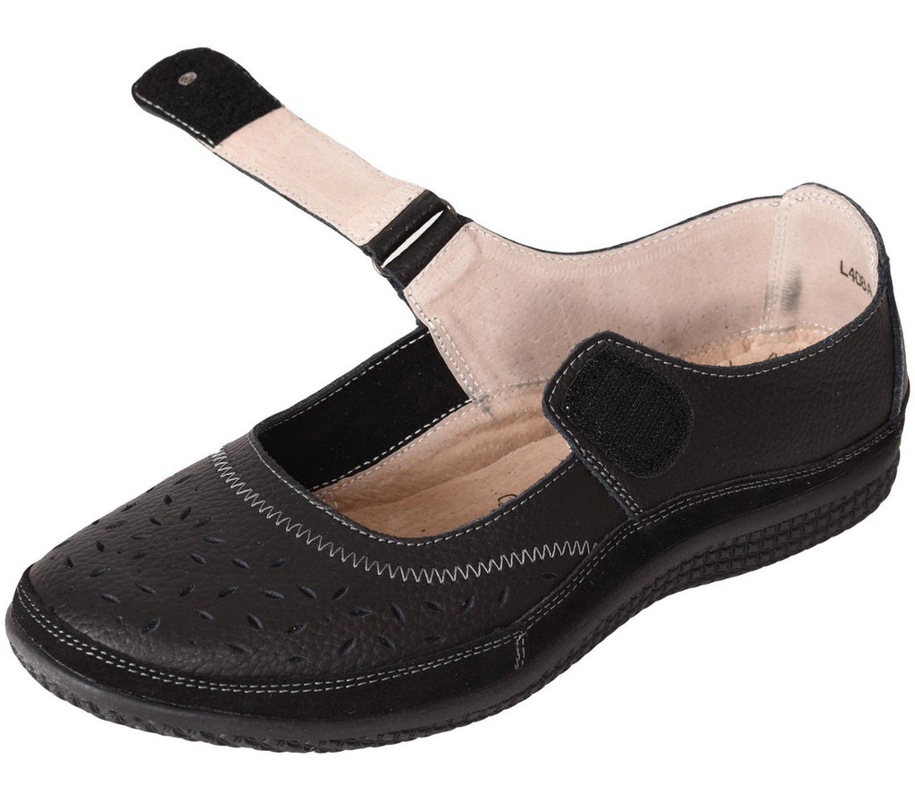 Ladies Mary Jane Sandals Flat EEE Wide Fit Black Comfort Shoes