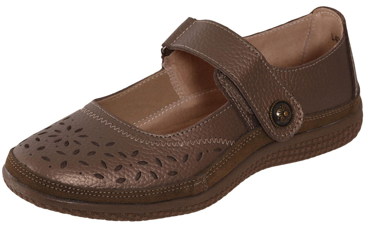 Ladies Mary Jane Sandals Flat EEE Wide Fit Bronze Comfort Shoes