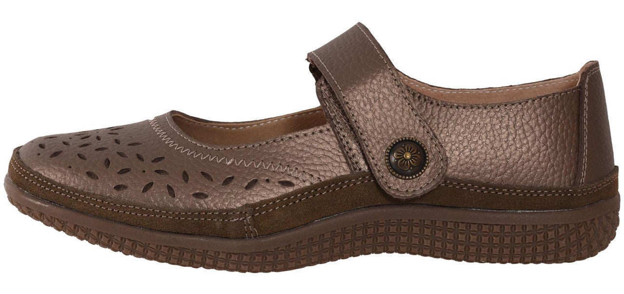 Ladies Mary Jane Sandals Flat EEE Wide Fit Bronze Comfort Shoes
