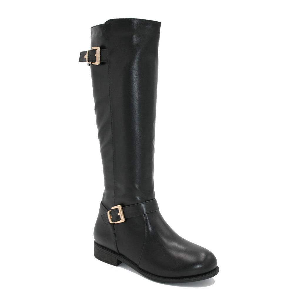 Ladies Knee High Wide Fit Riding Boots Womens Black Faux Leather Long Boot Shoes