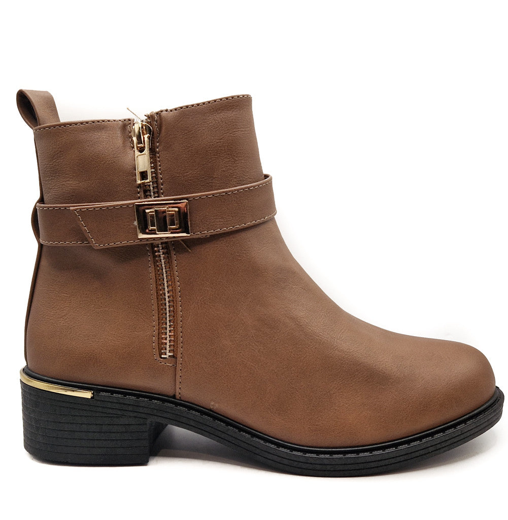 Ladies Tan Flat Ankle Buckle Boots Low Heel Shoes Womens Brown Biker Size 4-8