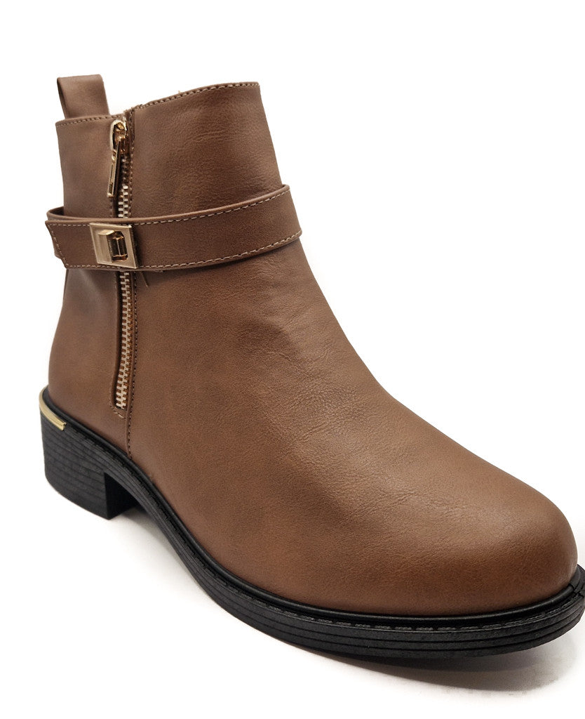 Women's Wide Fit Ankle Boot Gold Detail Tan