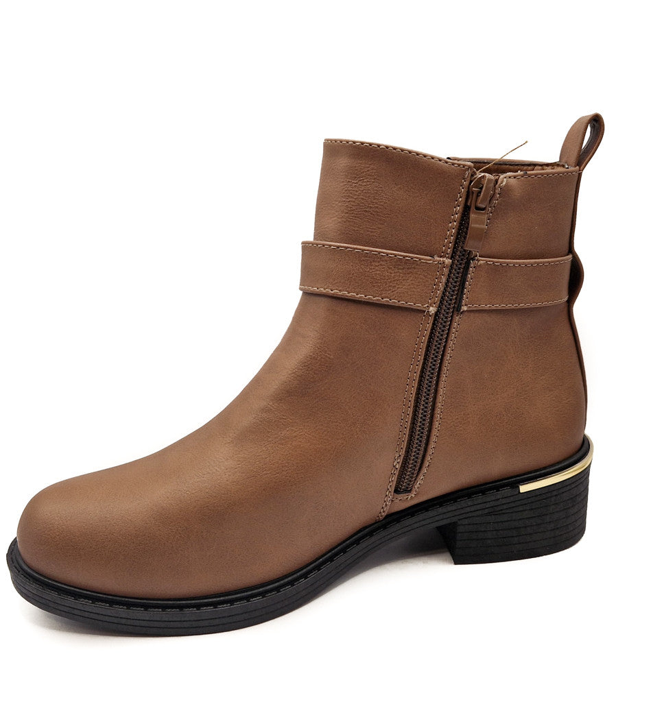 Ladies Tan Flat Ankle Buckle Boots Low Heel Shoes Womens Brown Biker Size 4-8