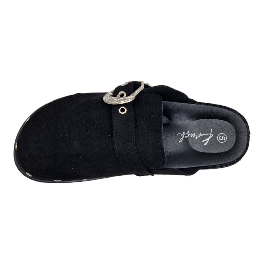 Ladies Womens Clogs Mules Faux Suede Black Slipper Western Buckle Rubber Sandals