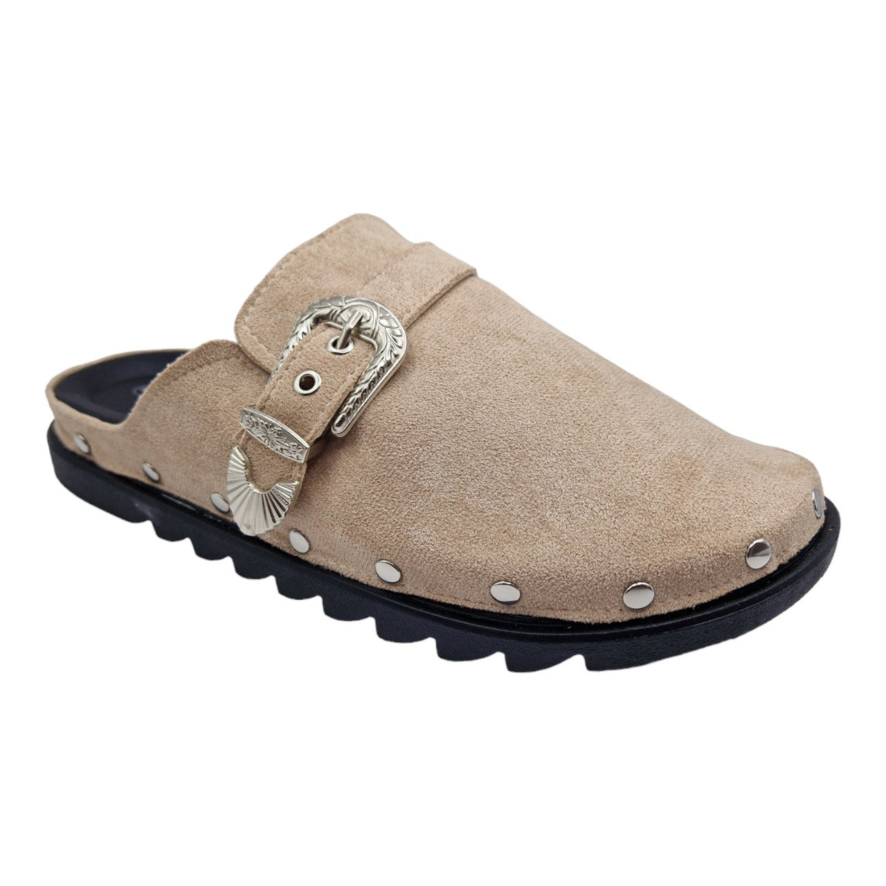 Ladies Womens Clogs Mules Faux Suede TaupeSlipper Western Buckle Rubber Sandals