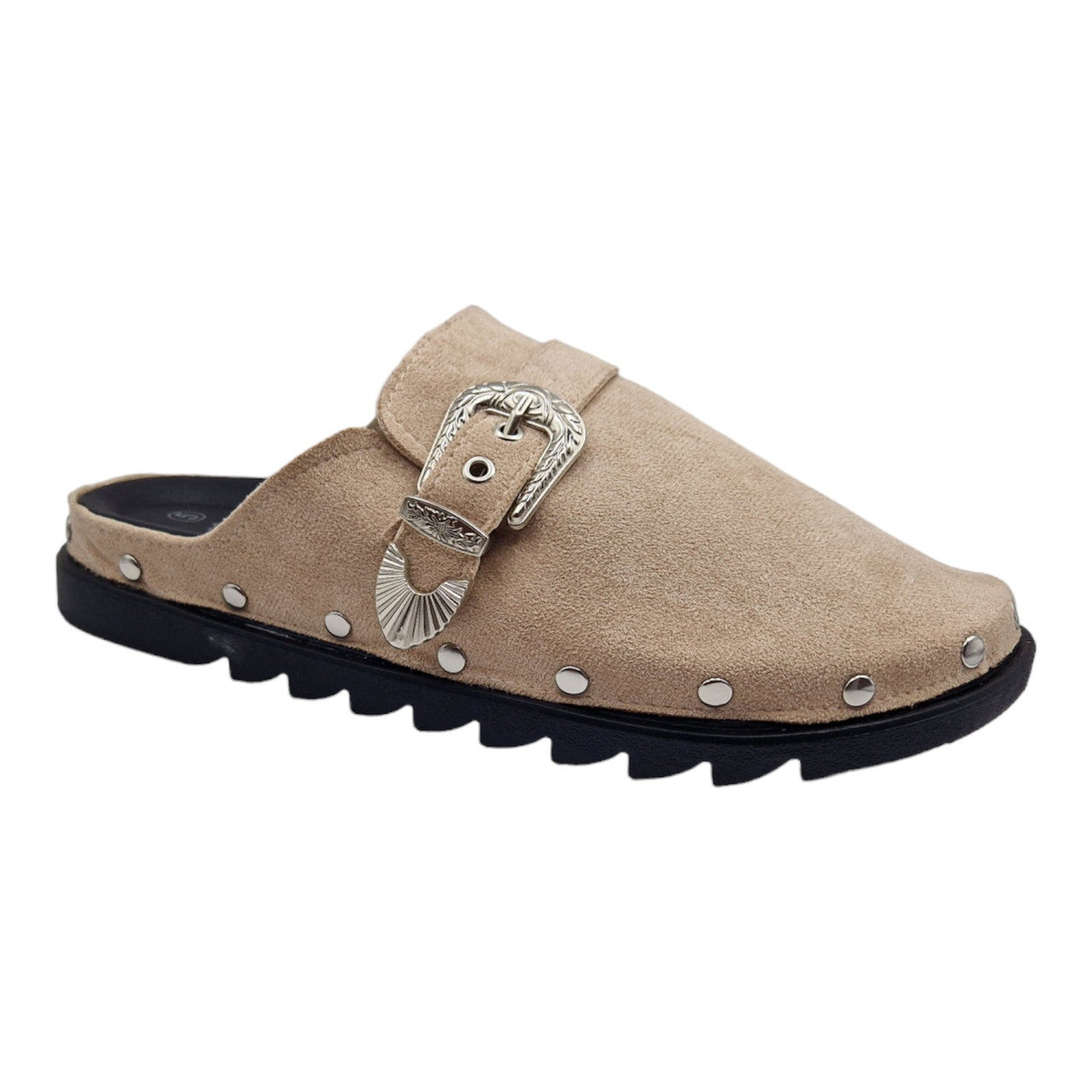 Ladies Womens Clogs Mules Faux Suede TaupeSlipper Western Buckle Rubber Sandals