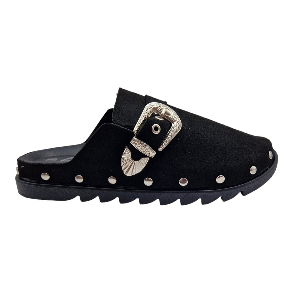 Ladies Womens Clogs Mules Faux Suede Black Slipper Western Buckle Rubber Sandals