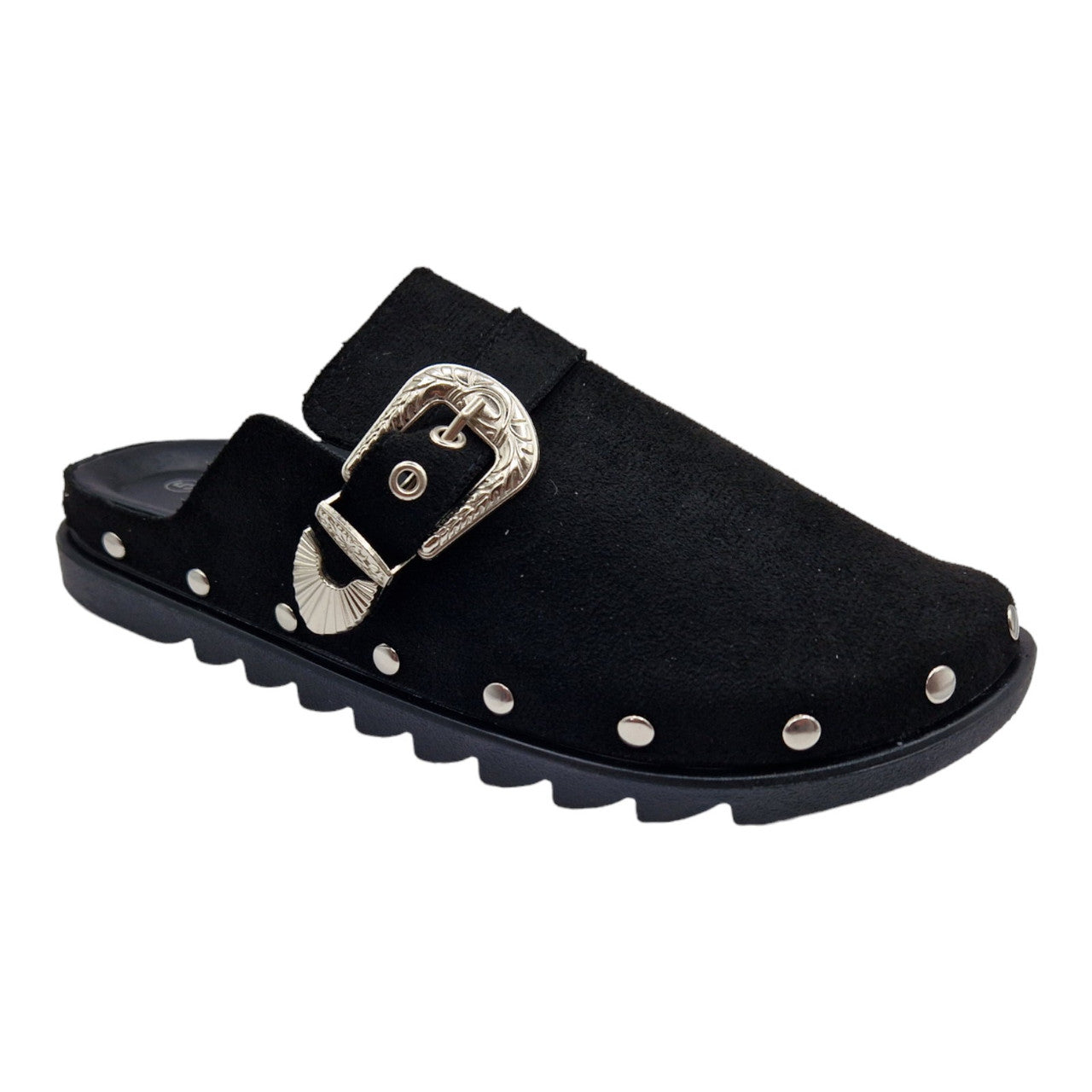 Ladies Womens Clogs Mules Faux Suede Black Slipper Western Buckle Rubber Sandals