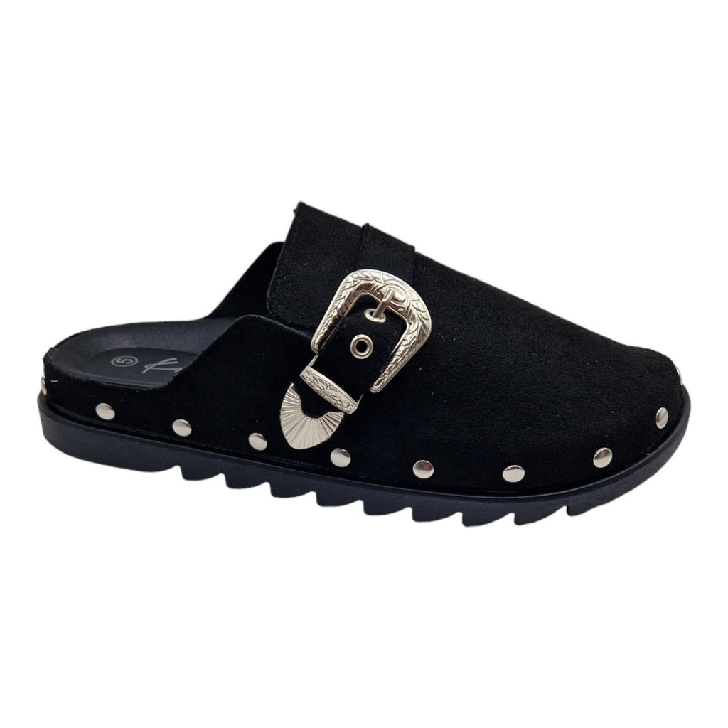 Ladies Womens Clogs Mules Faux Suede Black Slipper Western Buckle Rubber Sandals