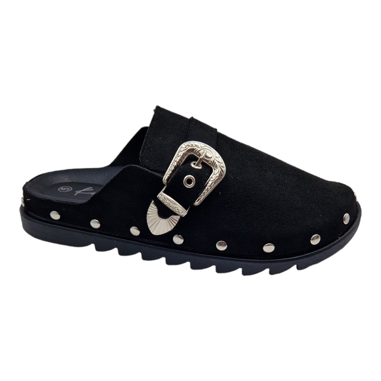 Ladies Womens Clogs Mules Faux Suede Black Slipper Western Buckle Rubber Sandals