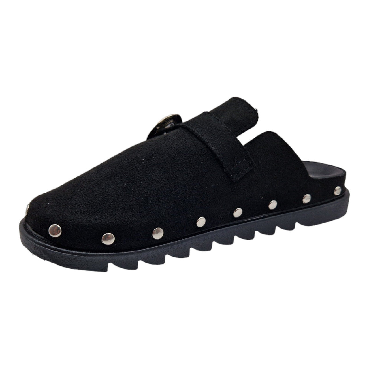 Ladies Womens Clogs Mules Faux Suede Black Slipper Western Buckle Rubber Sandals