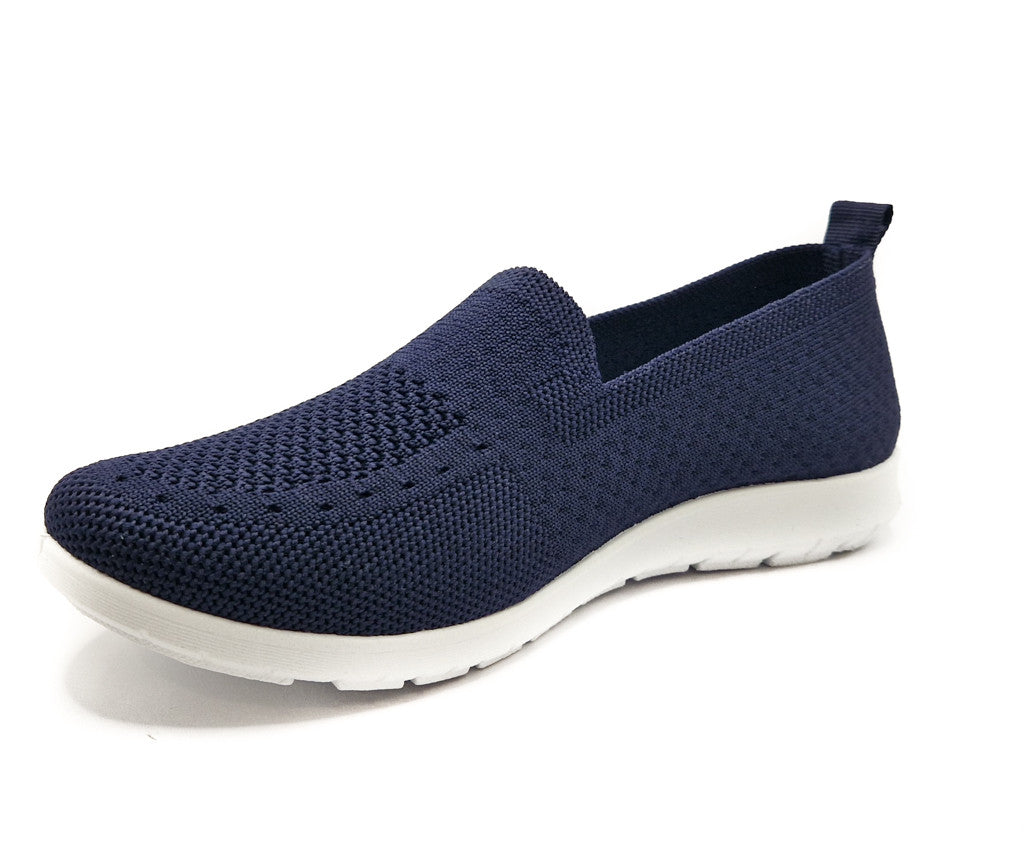 Ladies Womens Slip On Fly Knit Breathable Mesh Comfy Trainers Navy