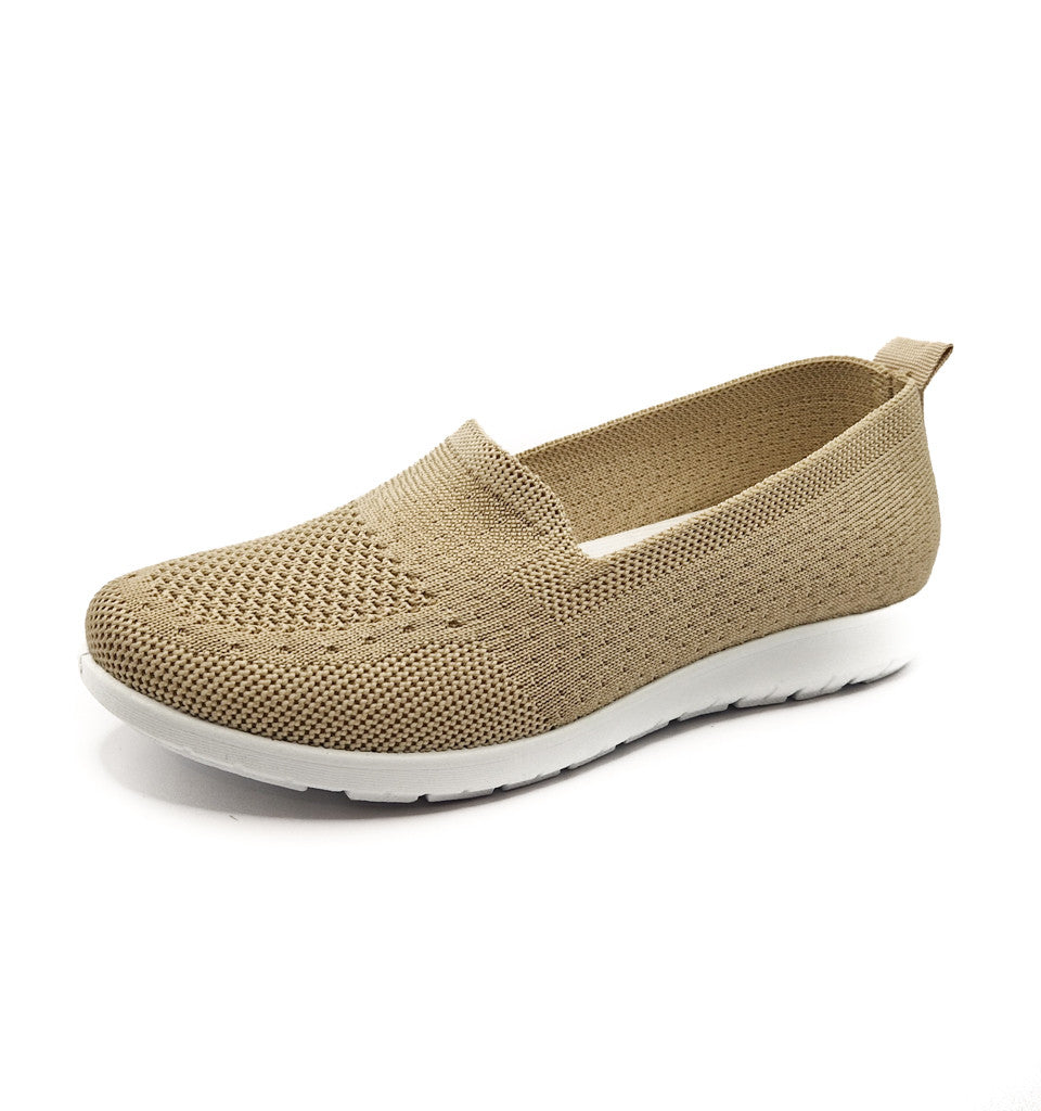 Ladies Womens Slip On Fly Knit Breathable Mesh Comfy Trainers Beige