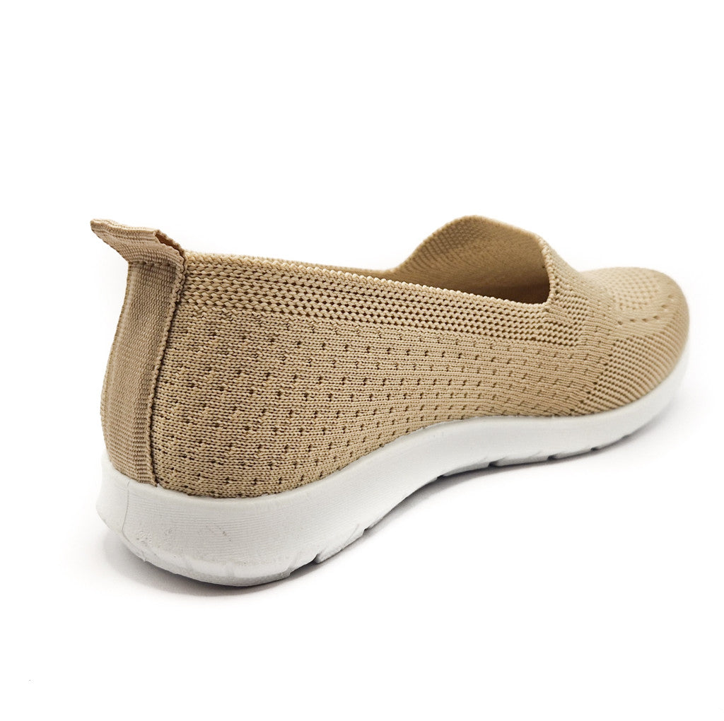 Ladies Womens Slip On Fly Knit Breathable Mesh Comfy Trainers Beige