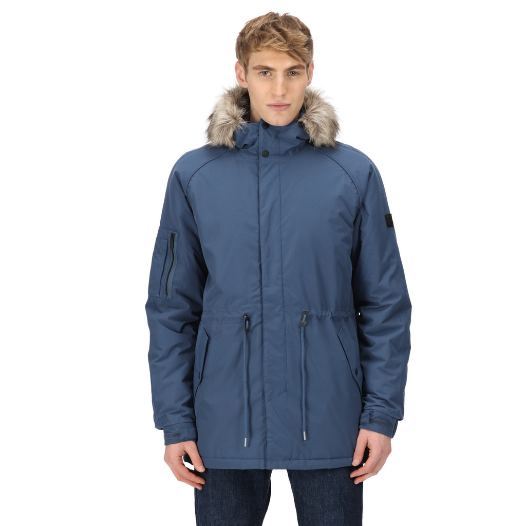 Regatta Mens Salinger III Warm Winter Fur Hood Coat Dark Denim