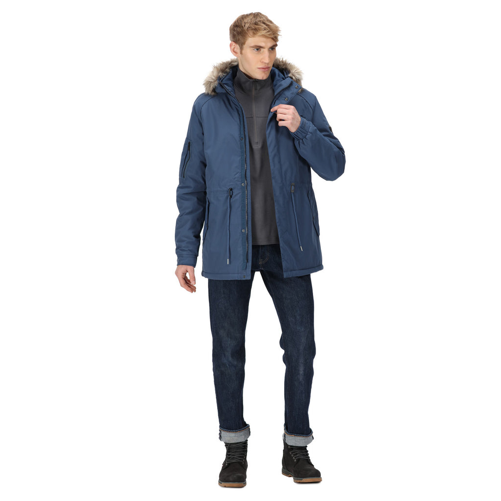 Regatta Mens Salinger III Warm Winter Fur Hood Coat Dark Denim