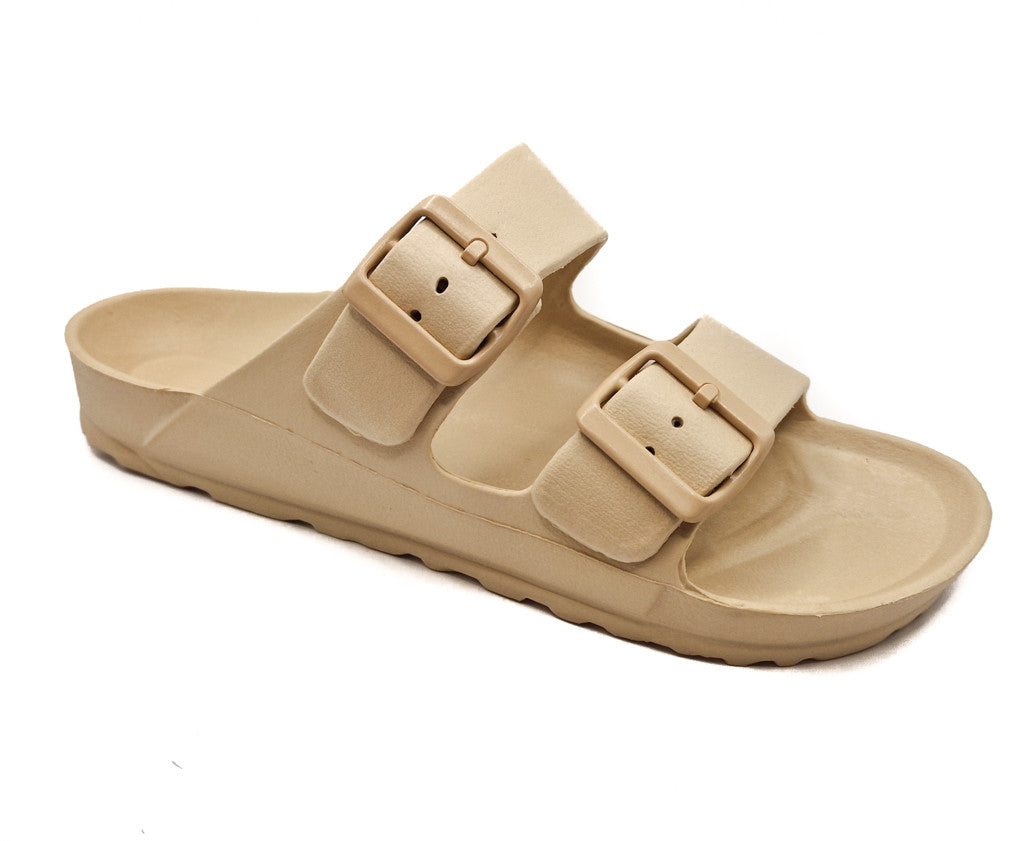 Womens Monterey Sliders Double Buckle Footbed Ladies Flat Summer Sandals Beige