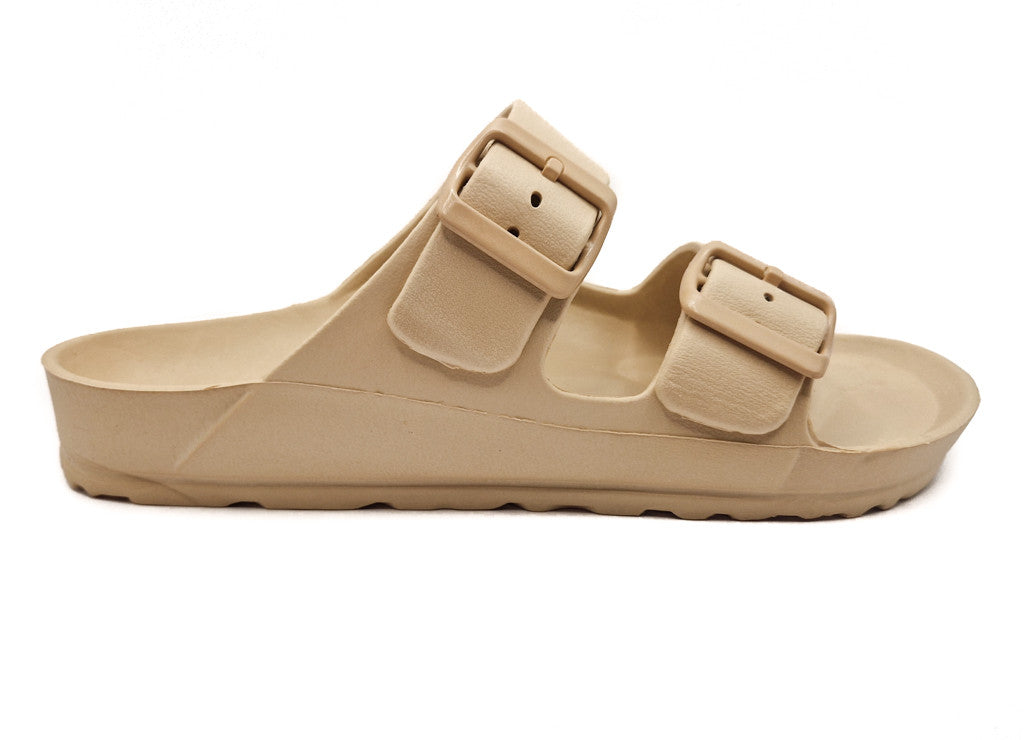 Womens Monterey Sliders Double Buckle Footbed Ladies Flat Summer Sandals Beige