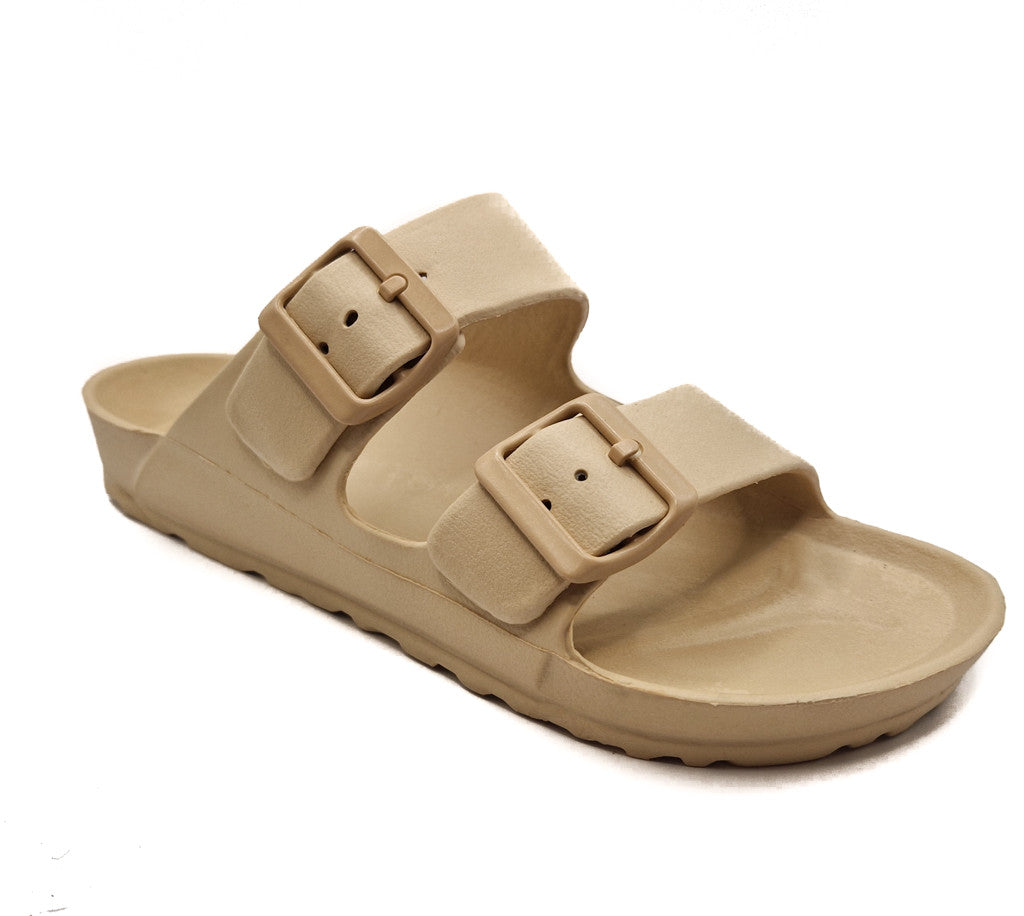 Womens Monterey Sliders Double Buckle Footbed Ladies Flat Summer Sandals Beige