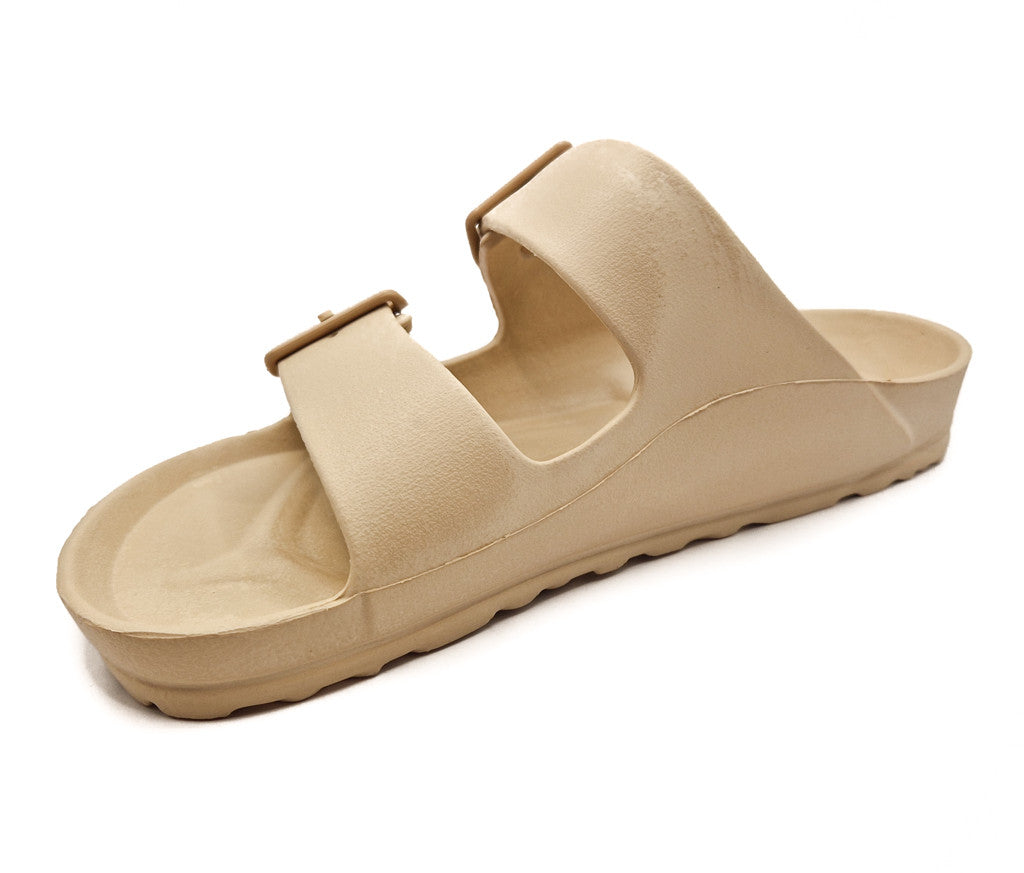 Womens Monterey Sliders Double Buckle Footbed Ladies Flat Summer Sandals Beige