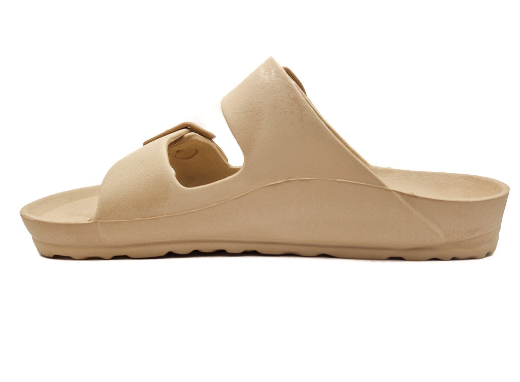 Womens Monterey Sliders Double Buckle Footbed Ladies Flat Summer Sandals Beige
