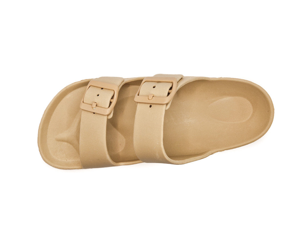 Womens Monterey Sliders Double Buckle Footbed Ladies Flat Summer Sandals Beige