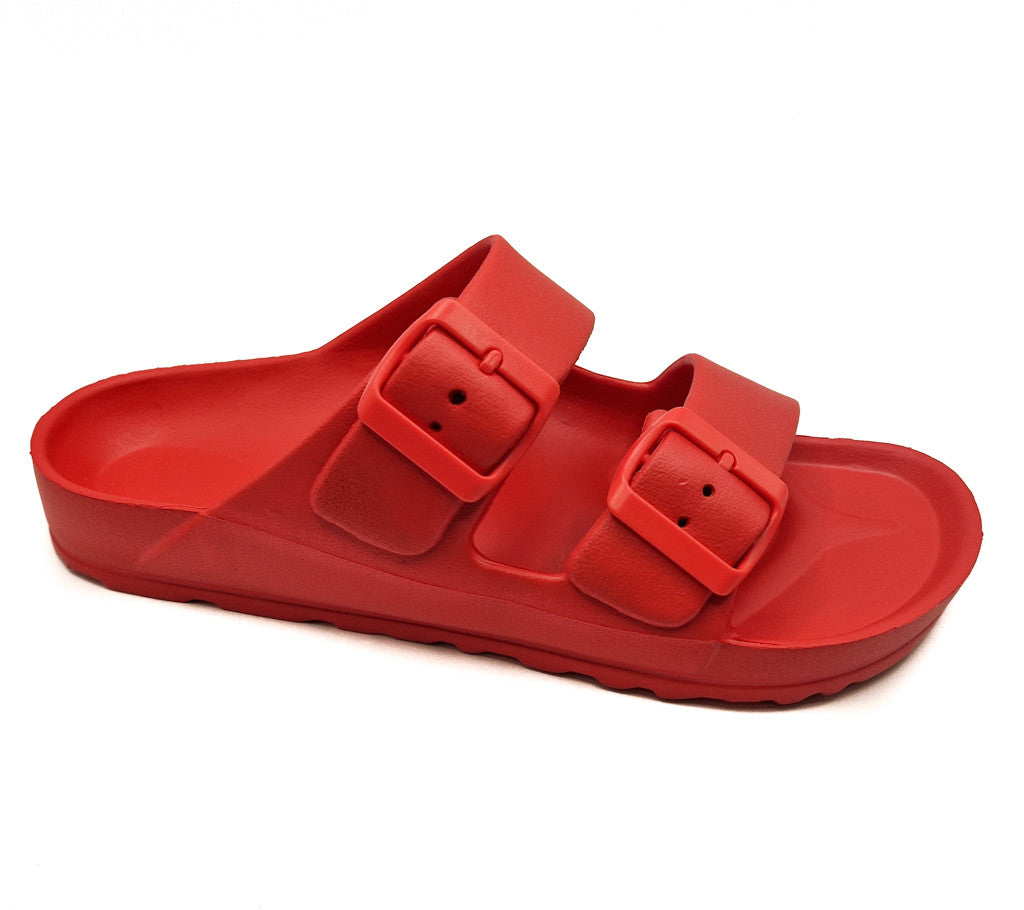 Womens Monterey Sliders Double Buckle Footbed Ladies Flat Summer Sandals Red