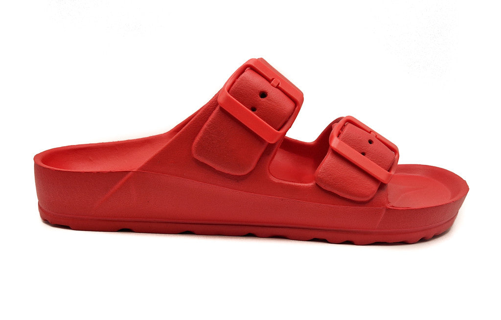Womens Monterey Sliders Double Buckle Footbed Ladies Flat Summer Sandals Red