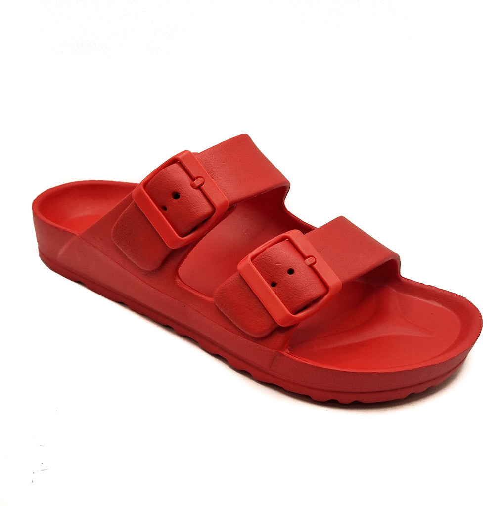 Womens Monterey Sliders Double Buckle Footbed Ladies Flat Summer Sandals Red