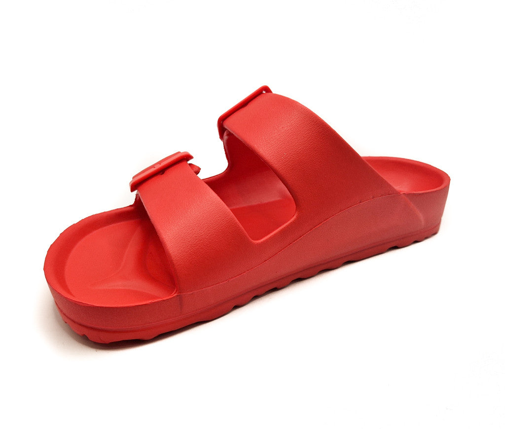 Womens Monterey Sliders Double Buckle Footbed Ladies Flat Summer Sandals Red