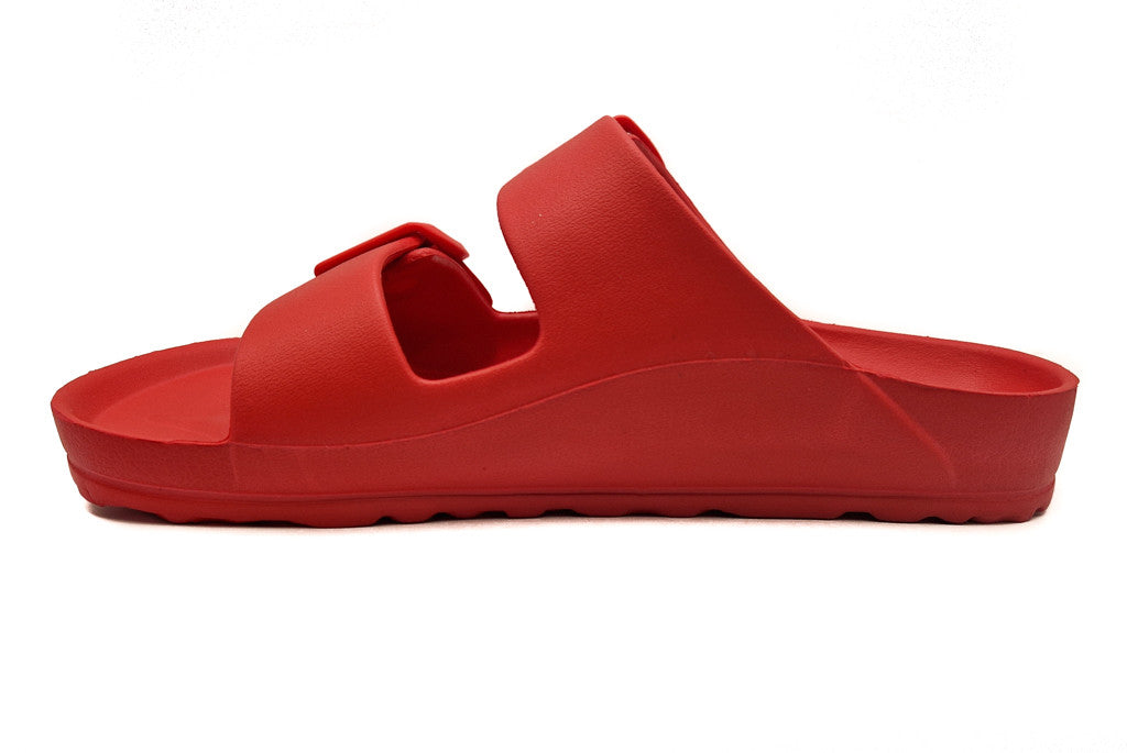 Womens Monterey Sliders Double Buckle Footbed Ladies Flat Summer Sandals Red