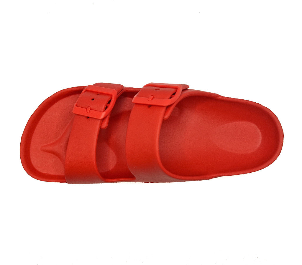 Womens Monterey Sliders Double Buckle Footbed Ladies Flat Summer Sandals Red