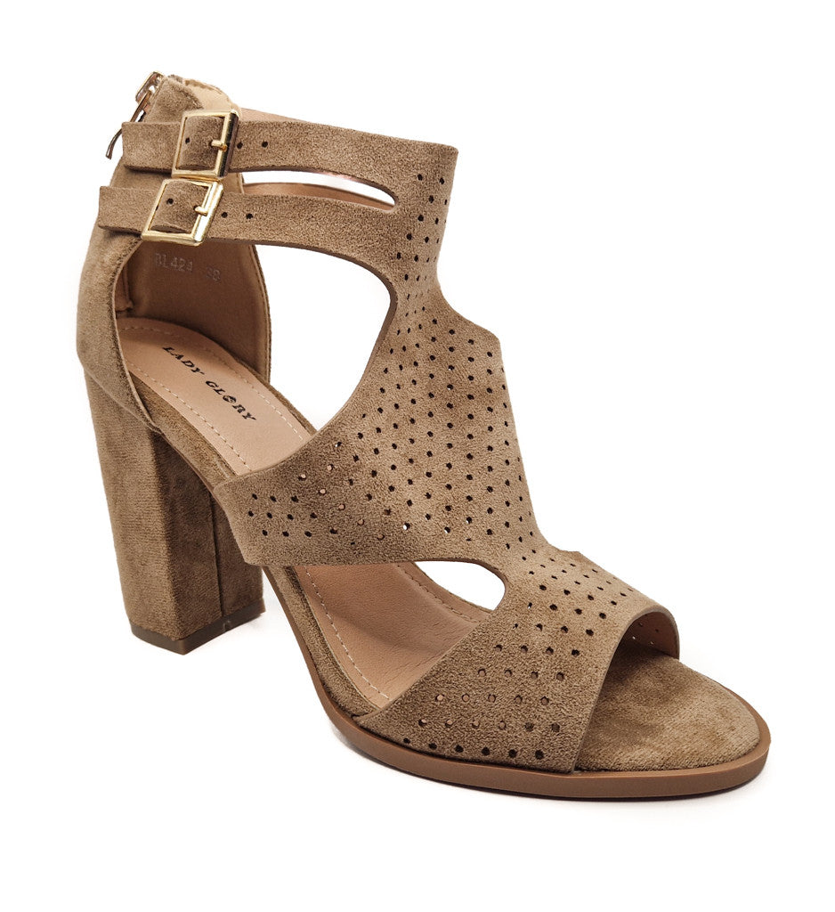 Womens High Heeled Cut Out Sandals Khaki