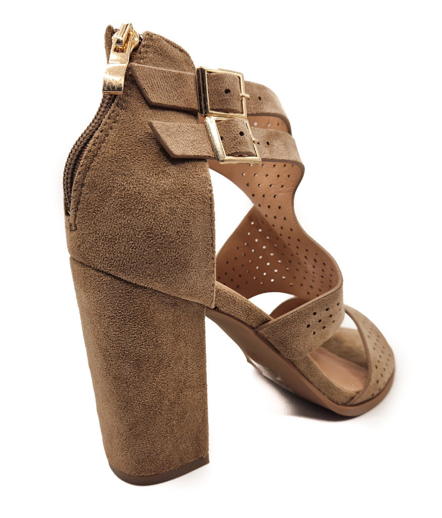 Womens High Heeled Cut Out Sandals Khaki
