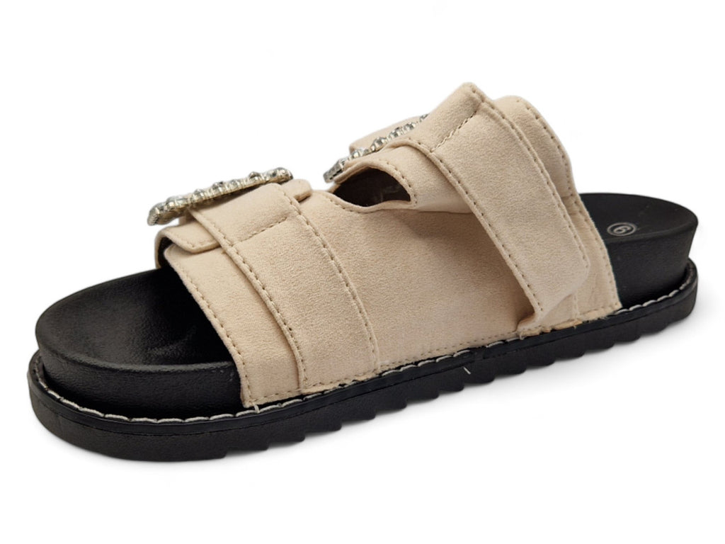 Womens Nude Western Sliders Double Buckle Footbed Sandals