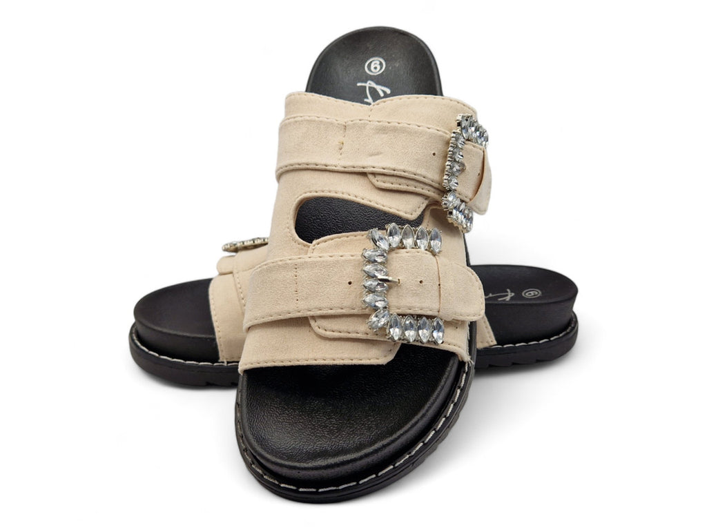 Womens Nude Western Sliders Double Buckle Footbed Sandals