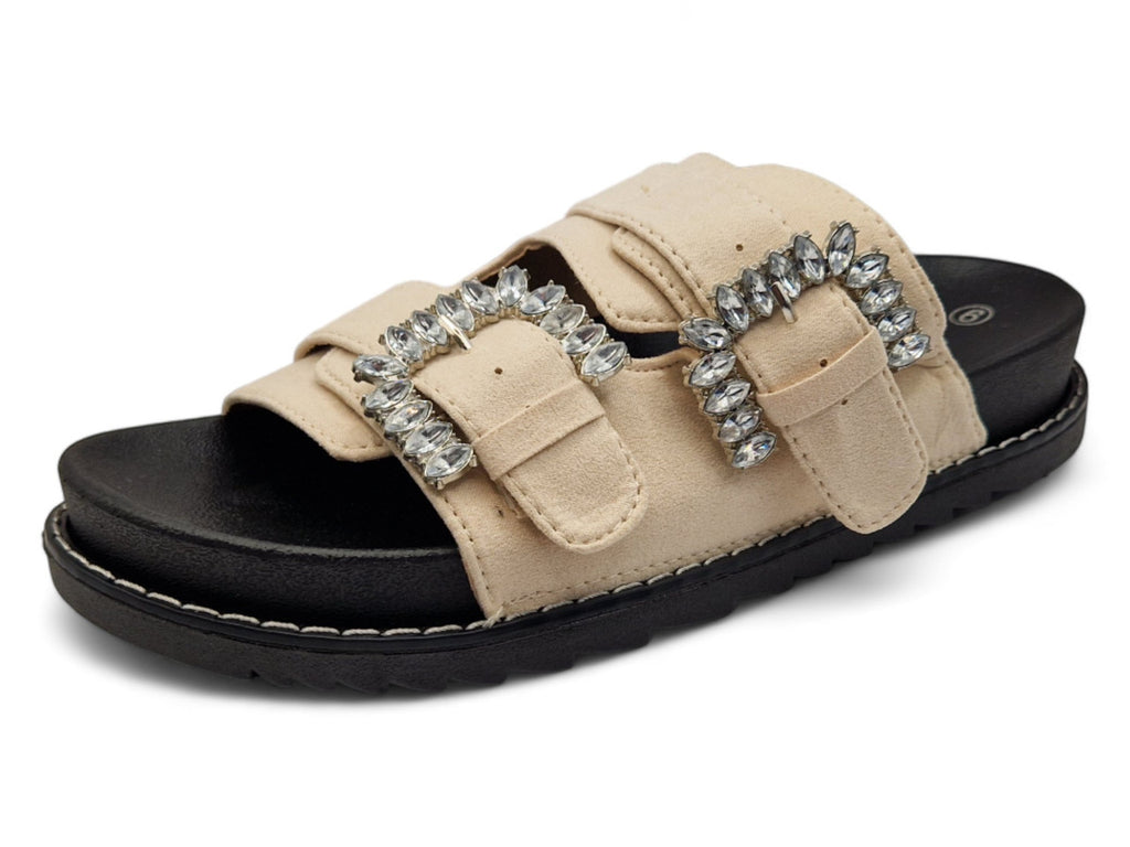 Womens Nude Western Sliders Double Buckle Footbed Sandals
