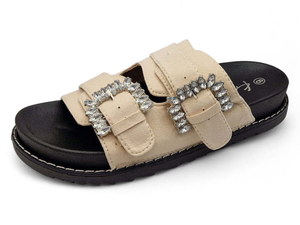 Womens Nude Western Sliders Double Buckle Footbed Sandals
