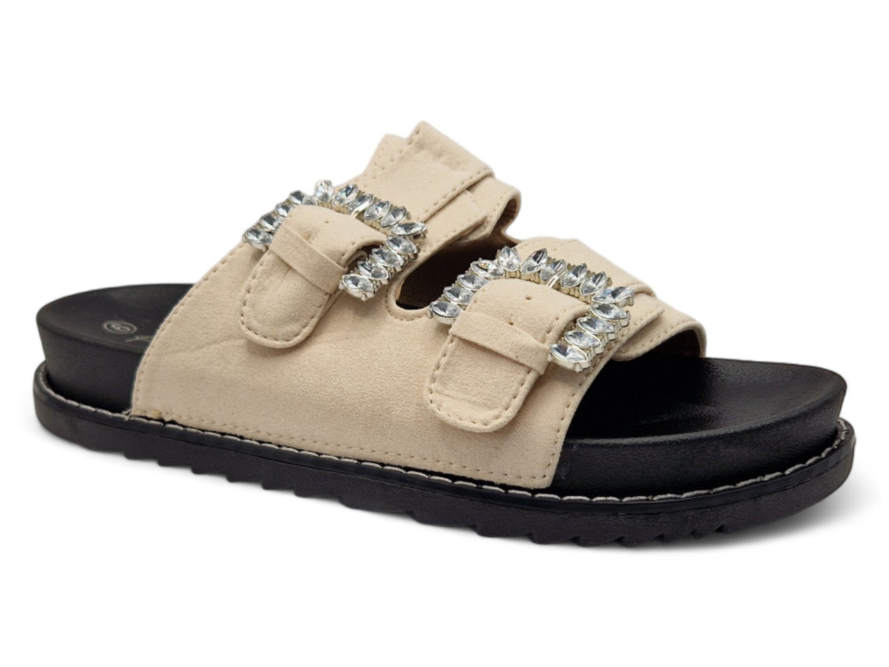 Womens Nude Western Sliders Double Buckle Footbed Sandals