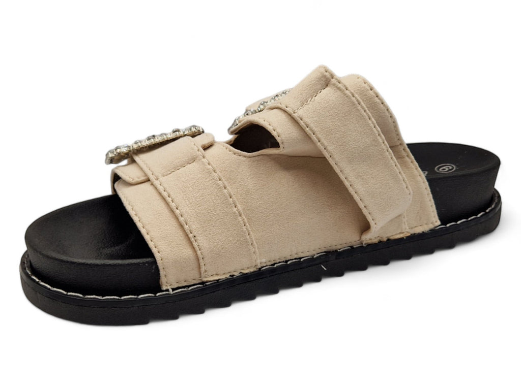 Womens Nude Western Sliders Double Buckle Footbed Sandals