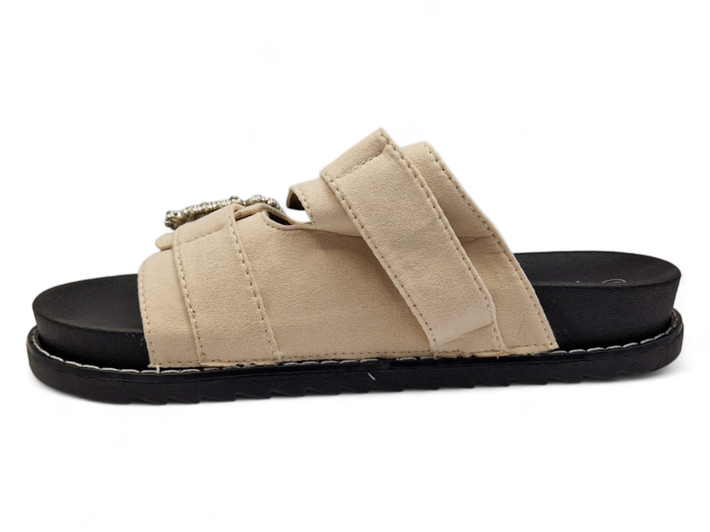 Womens Nude Western Sliders Double Buckle Footbed Sandals