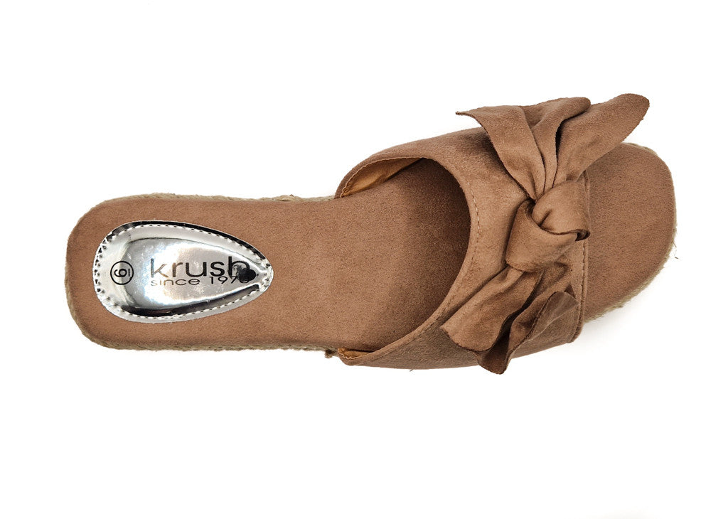Womens Hessian Flat Bow Detail Slip On Sandals Khaki
