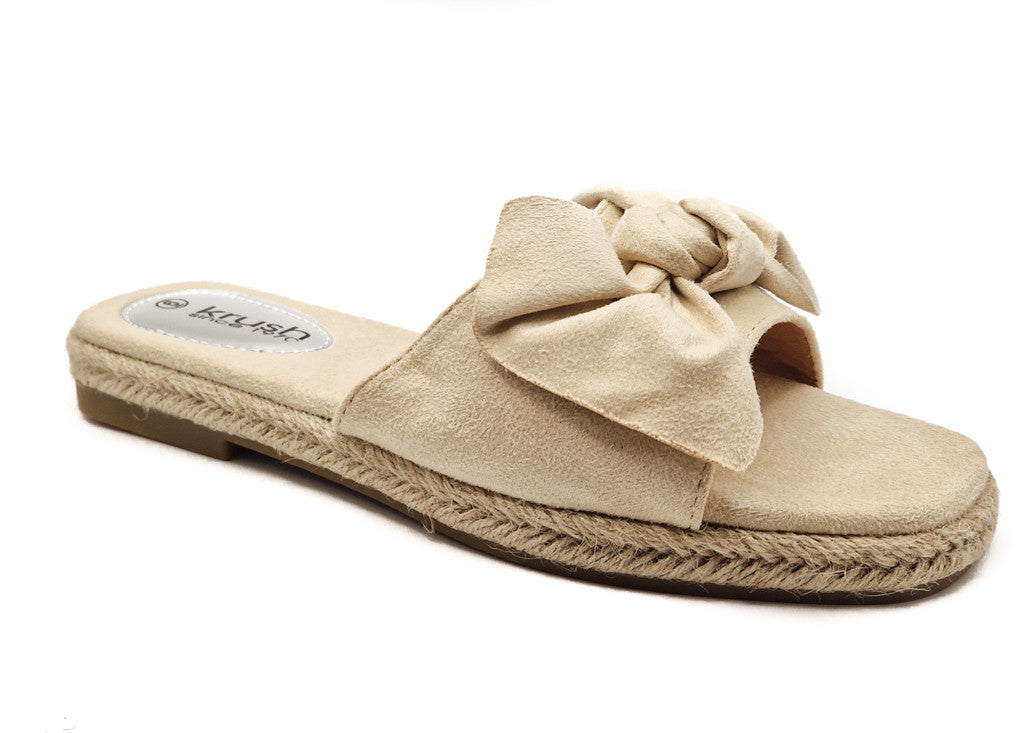 Womens Hessian Flat Bow Detail Slip On Sandals Nude