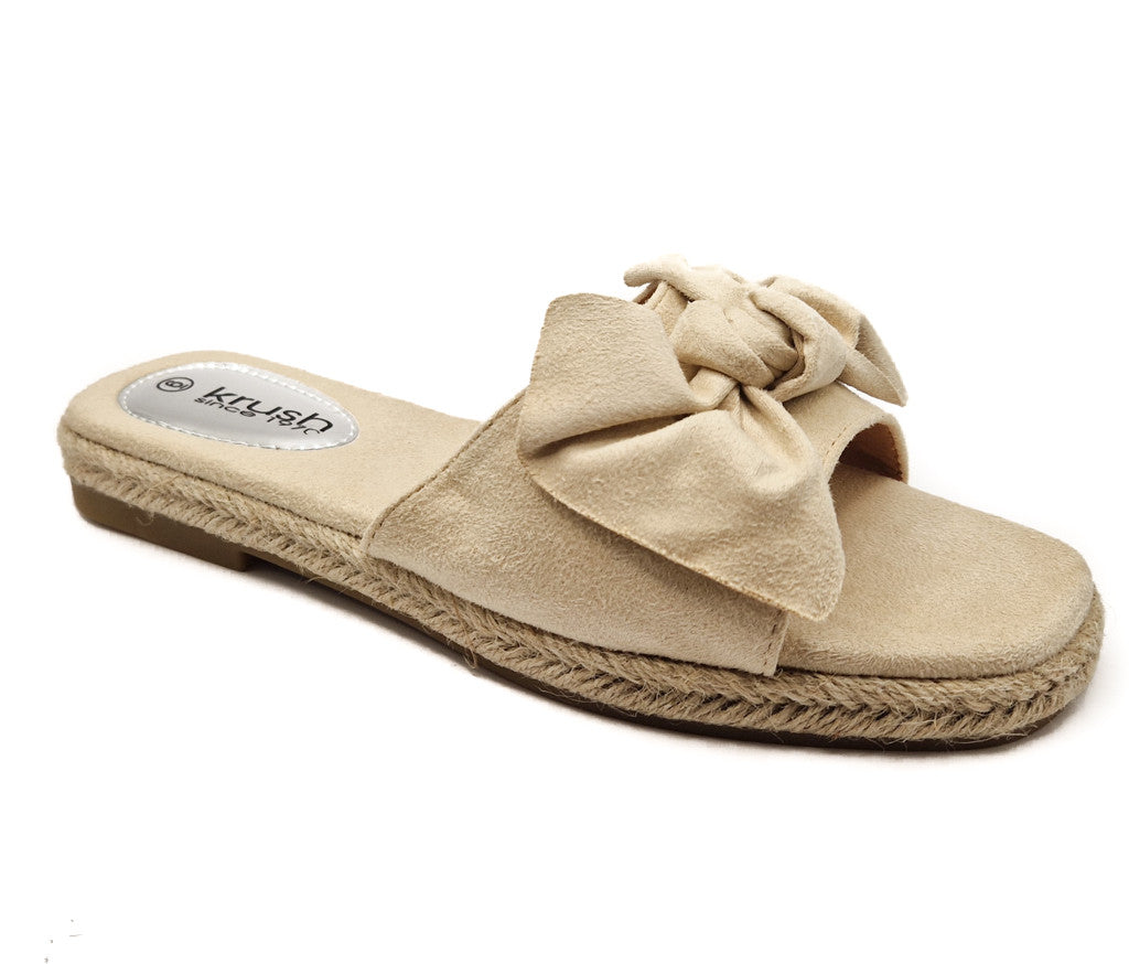 Womens Hessian Flat Bow Detail Slip On Sandals Nude