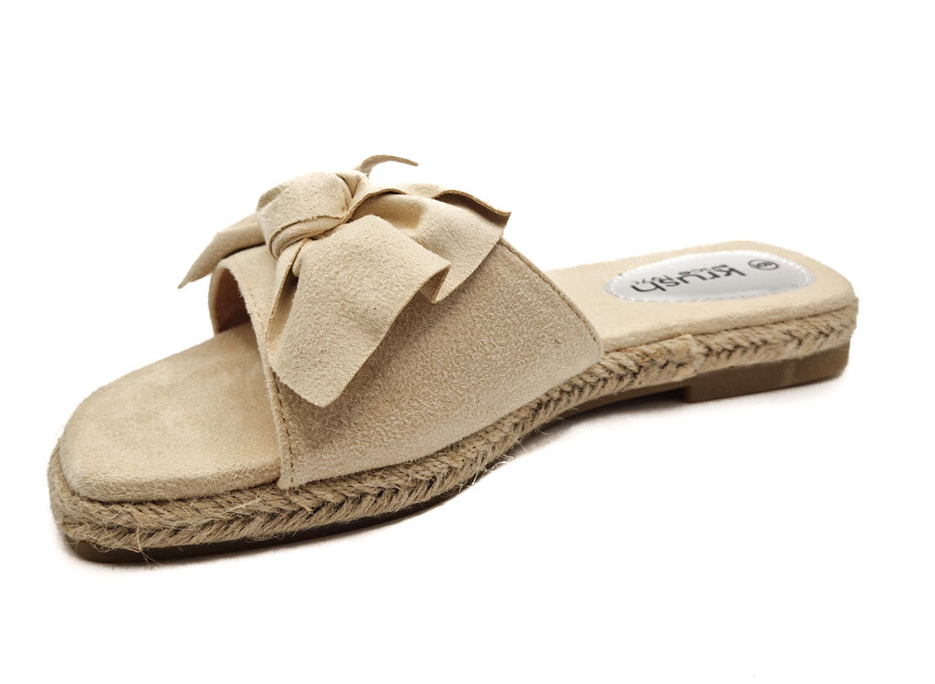 Womens Hessian Flat Bow Detail Slip On Sandals Nude