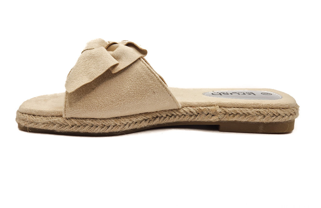 Womens Hessian Flat Bow Detail Slip On Sandals Nude