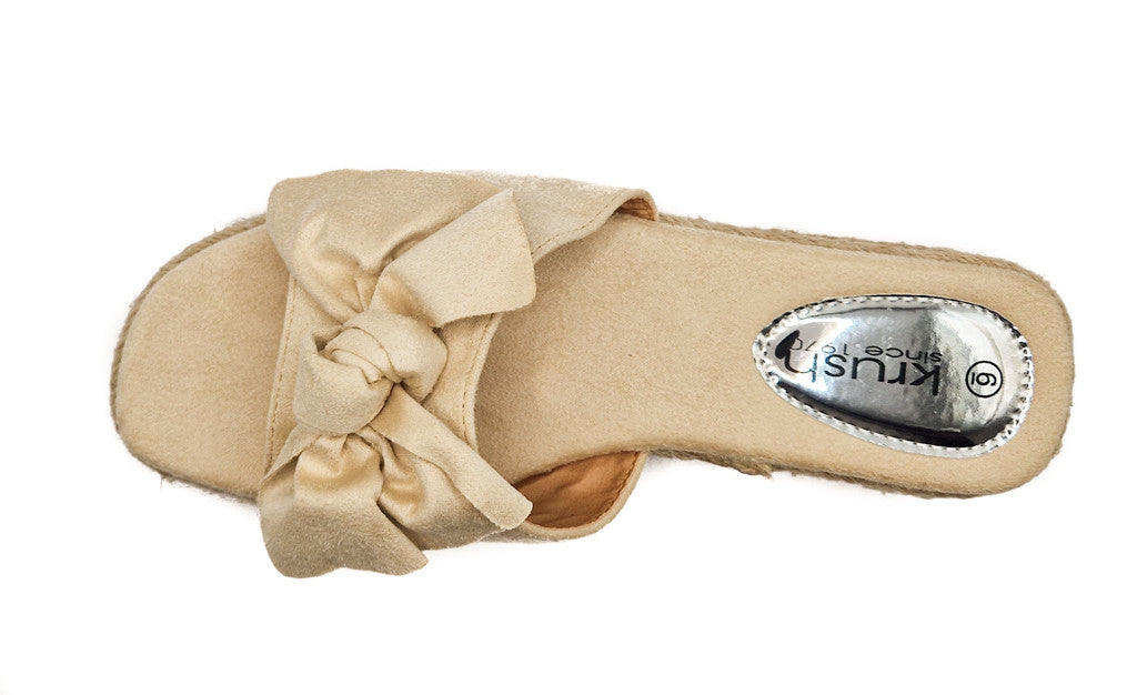 Womens Hessian Flat Bow Detail Slip On Sandals Nude